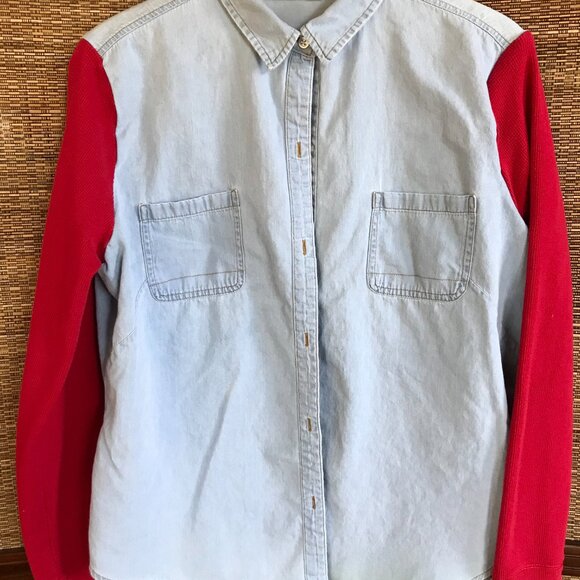 Upcycled Denim Shirt Jacket (M-L): Vintage Quilt Patchwork, Waffle Knit Sleeves - Picture 7 of 12